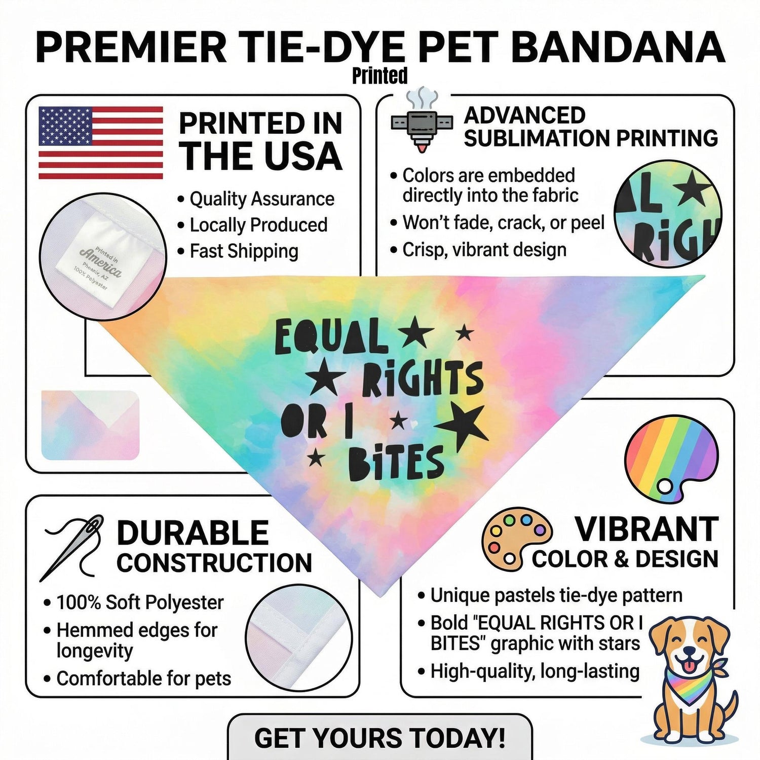 Tie-dye pet bandana with &amp;quot;EQUAL RIGHTS OR I BITES&amp;quot; graphic, made in USA.