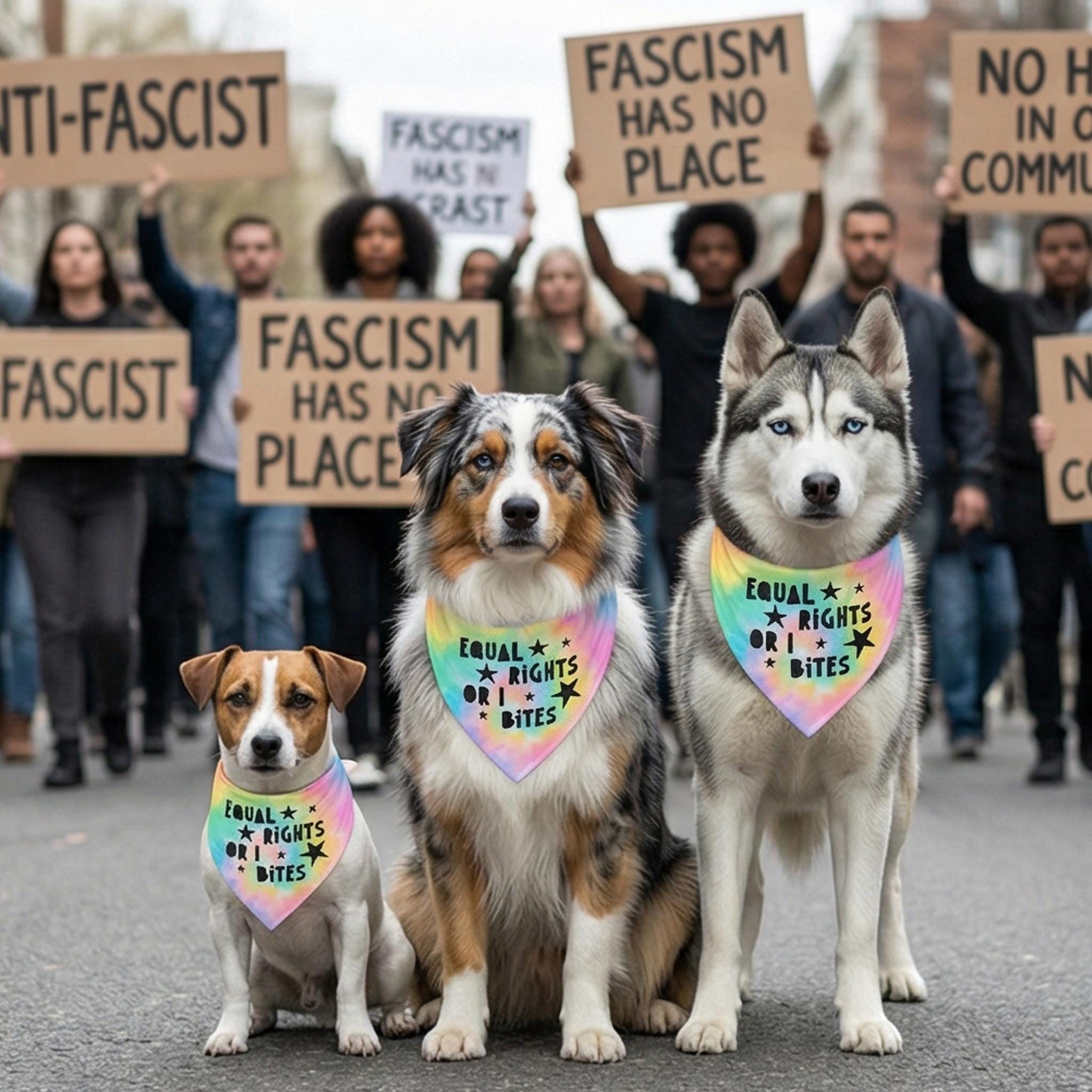 Three dogs in bandanas march with protestors holding anti-fascist signs.