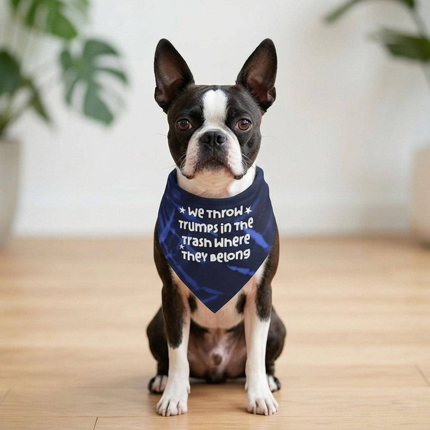 Boston terrier wearing a dark bandana with white text: &amp;quot;We throw them in the trash where they belong&amp;quot;.