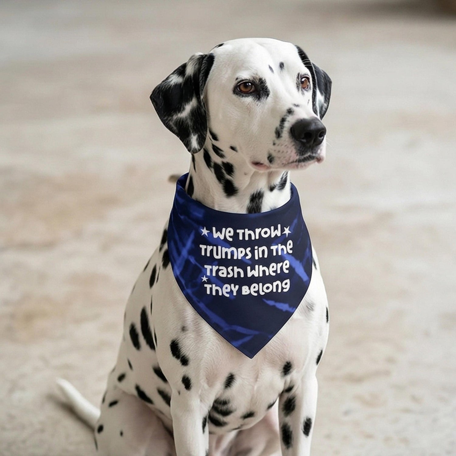 Dalmatian dog wearing a blue bandana with white text saying &amp;quot;WE THROW TRUMP IN THE TRASH WHERE THEY BELONG&amp;quot;.