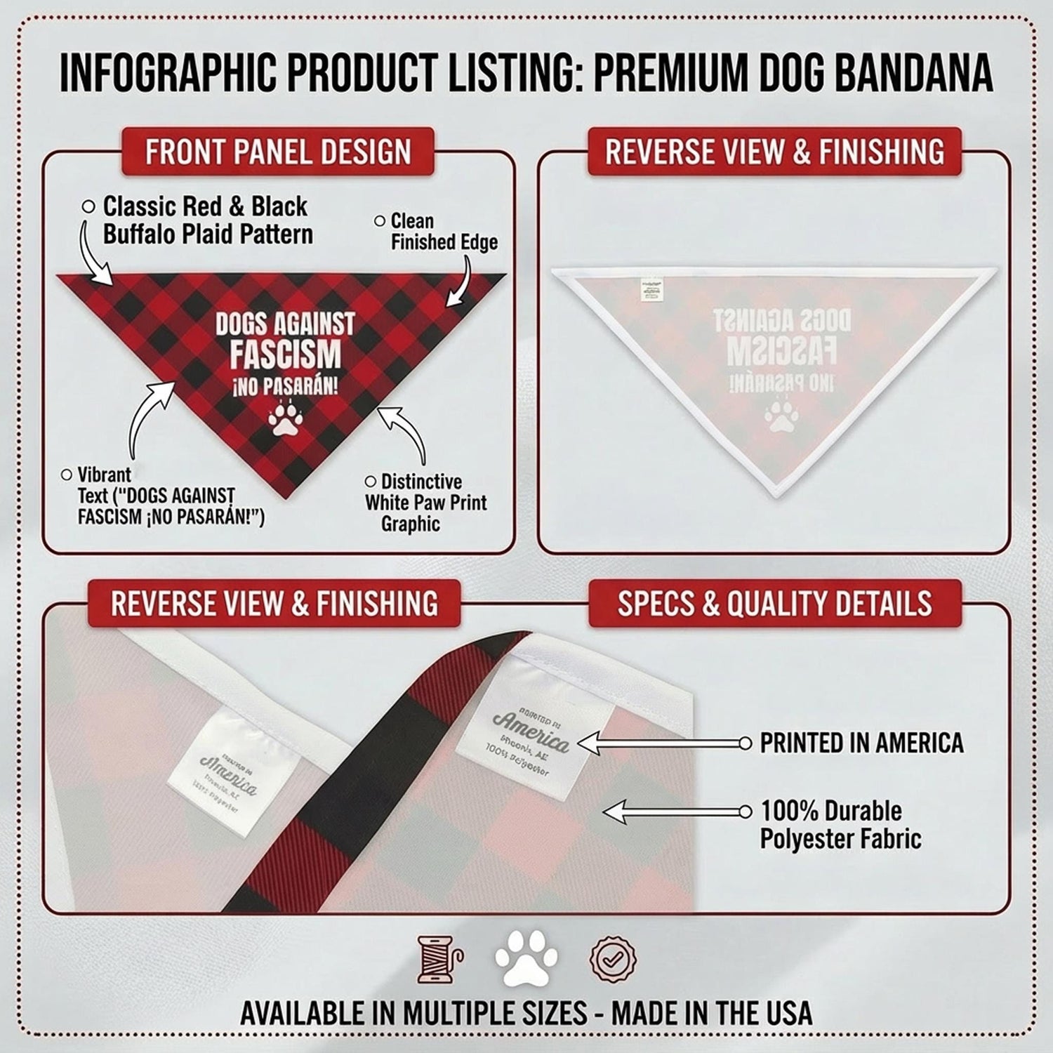 Red and black buffalo plaid dog bandana with &amp;quot;Dogs Against Fascism&amp;quot; text.