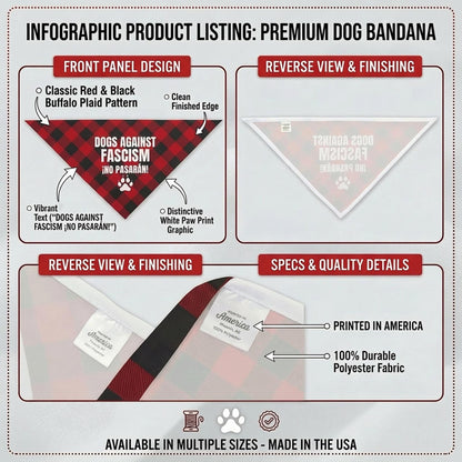 Red and black buffalo plaid dog bandana with &amp;quot;Dogs Against Fascism&amp;quot; text.