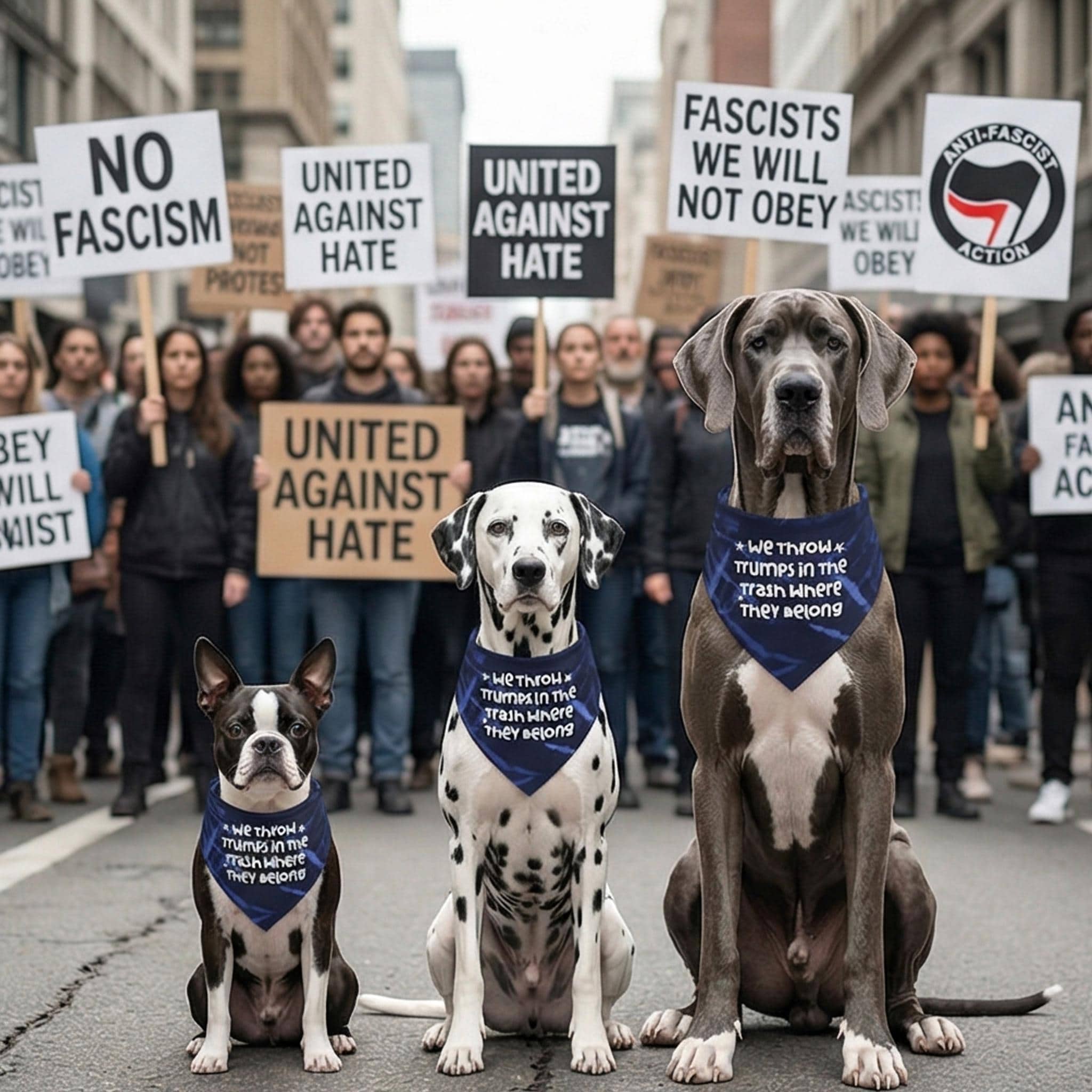 Three dogs protest with signs, &amp;quot;We throw Trumps in the trash where they belong.&amp;quot;
