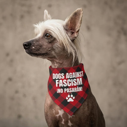 Chinese Crested dog wearing a red and black plaid bandana with &amp;quot;DOGS AGAINST FASCISM&amp;quot; text.
