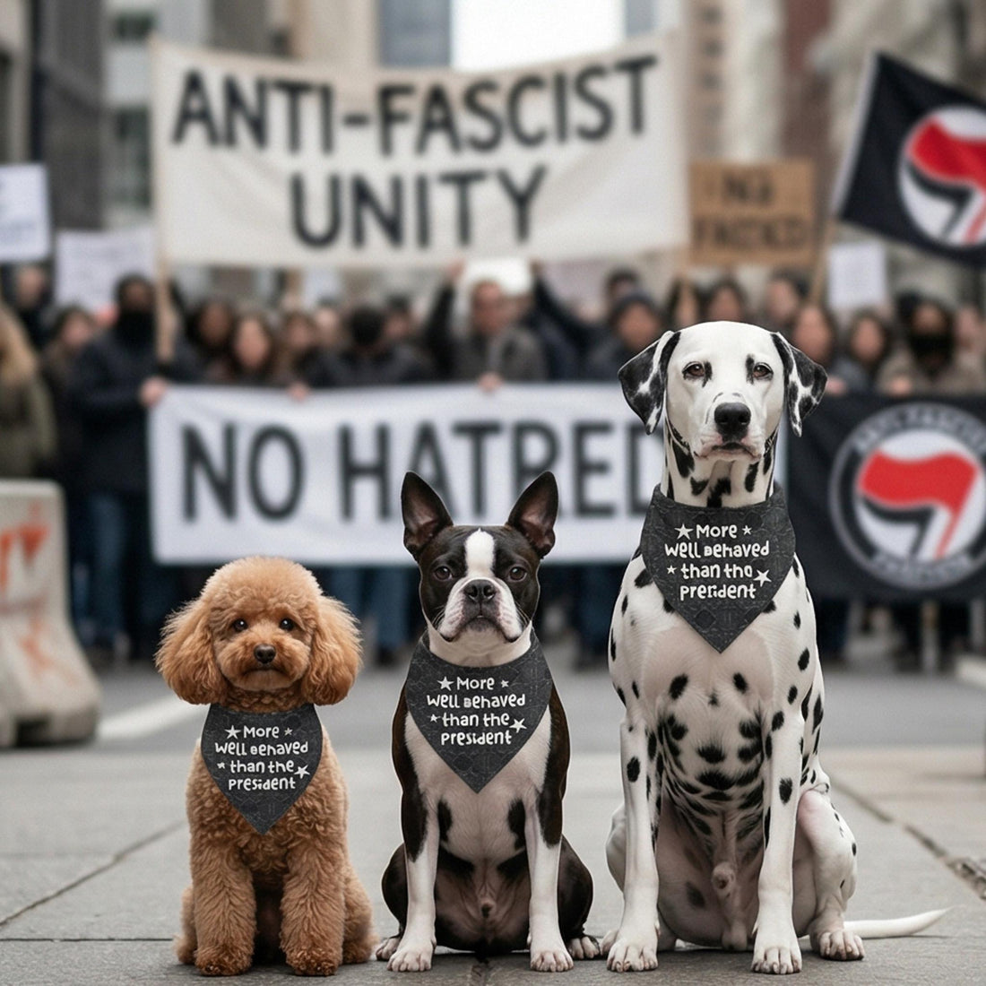 Three dogs wear bandanas reading &amp;quot;More well behaved than the President.&amp;quot;