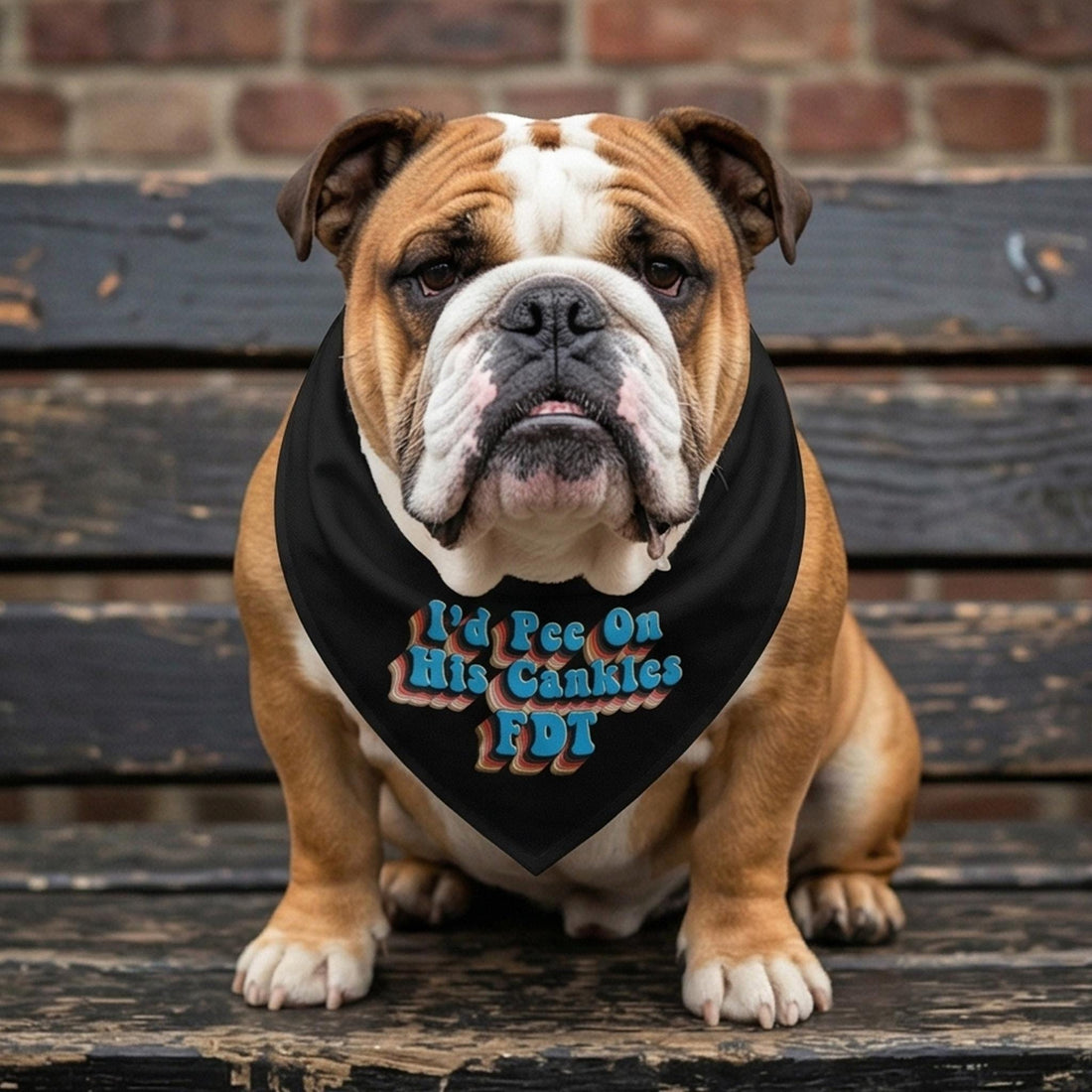 English Bulldog wearing a black bandana with &amp;quot;I&amp;