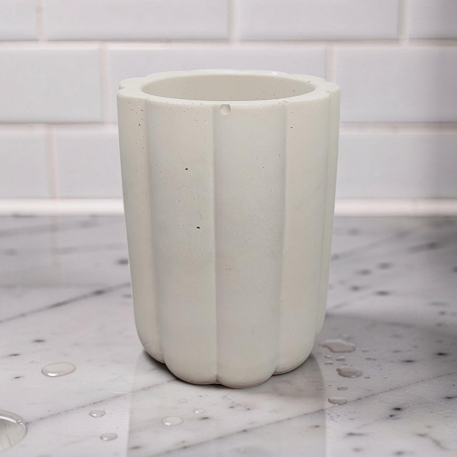 Fluted Concrete Storage Jar - Scandi Style Ribbed Vanity Canister - Minimalist Makeup Brush Holder, Pencil Cup, or Toothbrush Holder