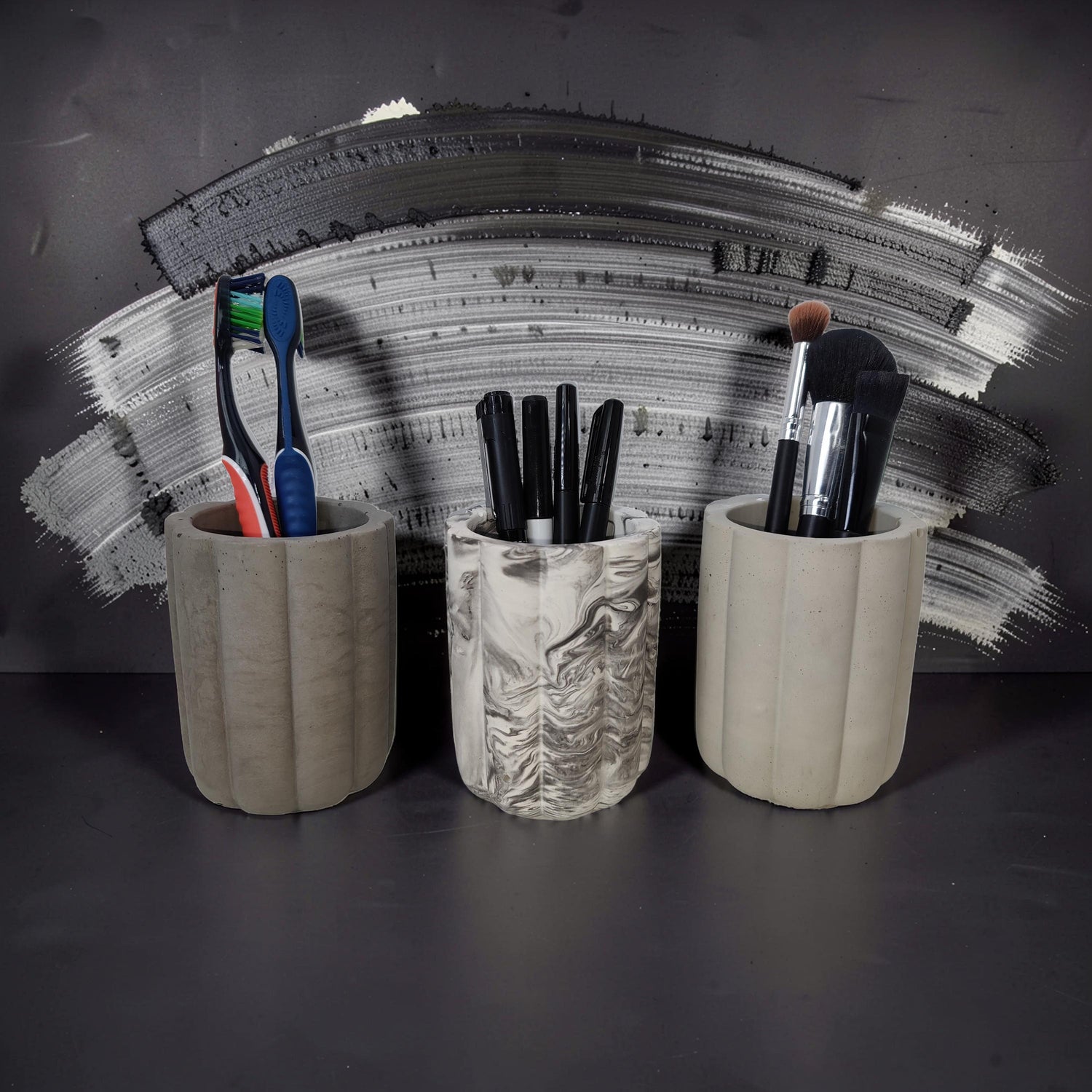 Fluted Concrete Storage Jar - Scandi Style Ribbed Vanity Canister - Minimalist Makeup Brush Holder, Pencil Cup, or Toothbrush Holder