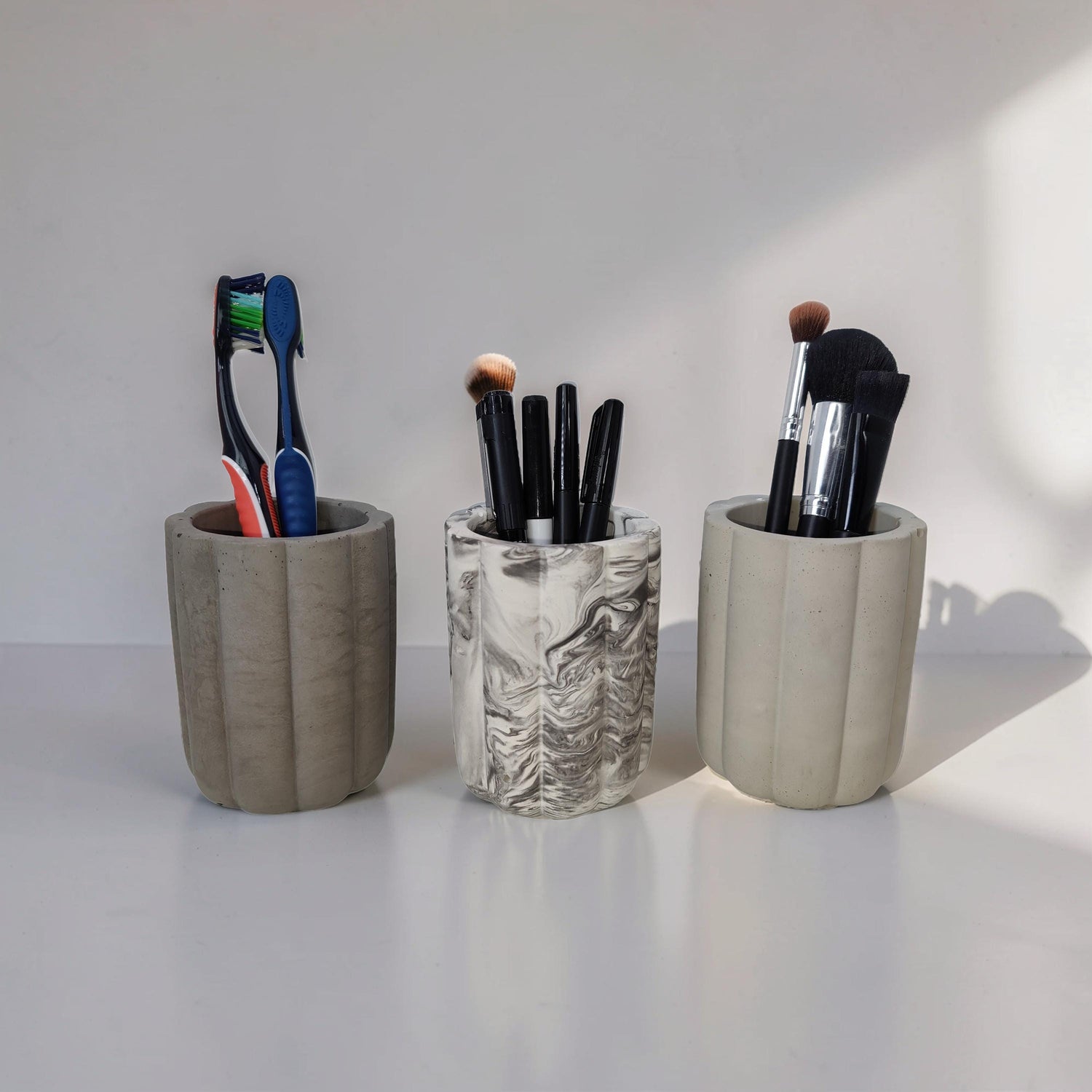 Fluted Concrete Storage Jar - Scandi Style Ribbed Vanity Canister - Minimalist Makeup Brush Holder, Pencil Cup, or Toothbrush Holder