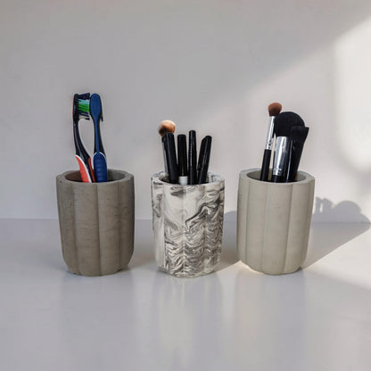 Fluted Concrete Storage Jar - Scandi Style Ribbed Vanity Canister - Minimalist Makeup Brush Holder, Pencil Cup, or Toothbrush Holder