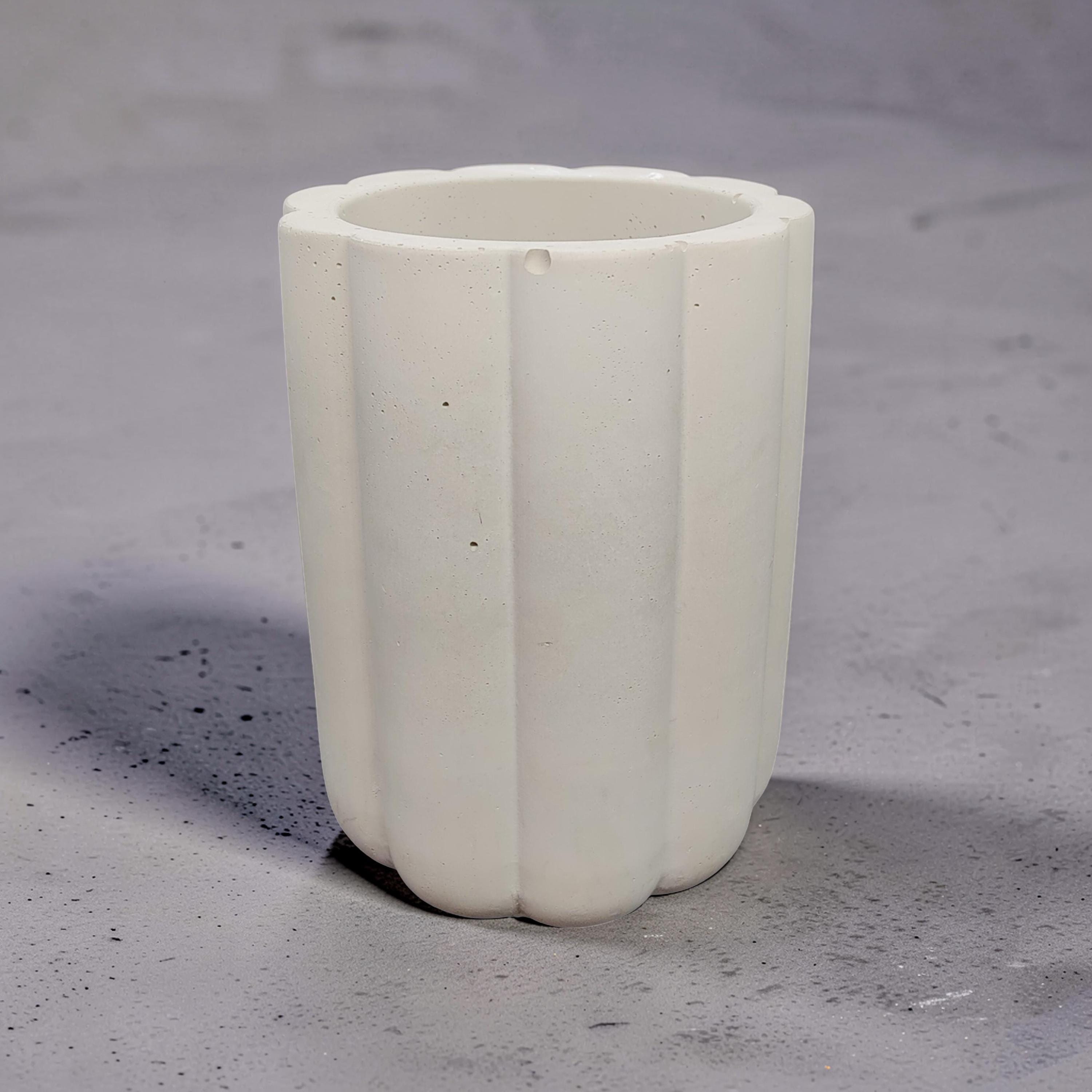 Fluted Concrete Storage Jar - Scandi Style Ribbed Vanity Canister - Minimalist Makeup Brush Holder, Pencil Cup, or Toothbrush Holder