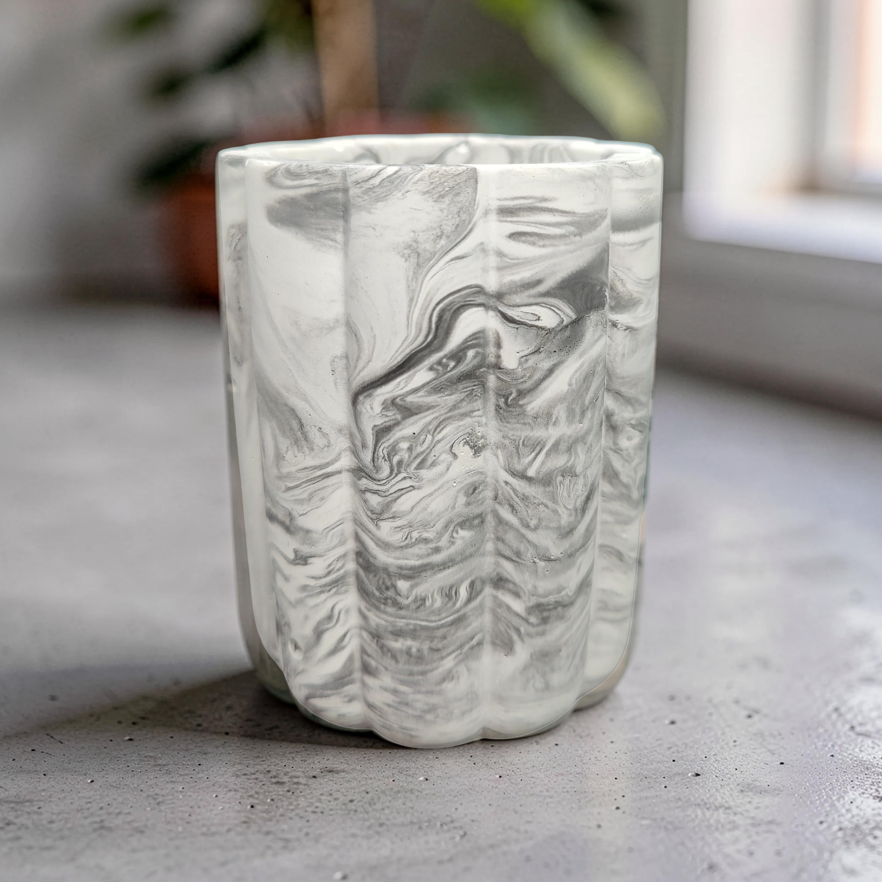 Fluted Concrete Storage Jar - Scandi Style Ribbed Vanity Canister - Minimalist Makeup Brush Holder, Pencil Cup, or Toothbrush Holder