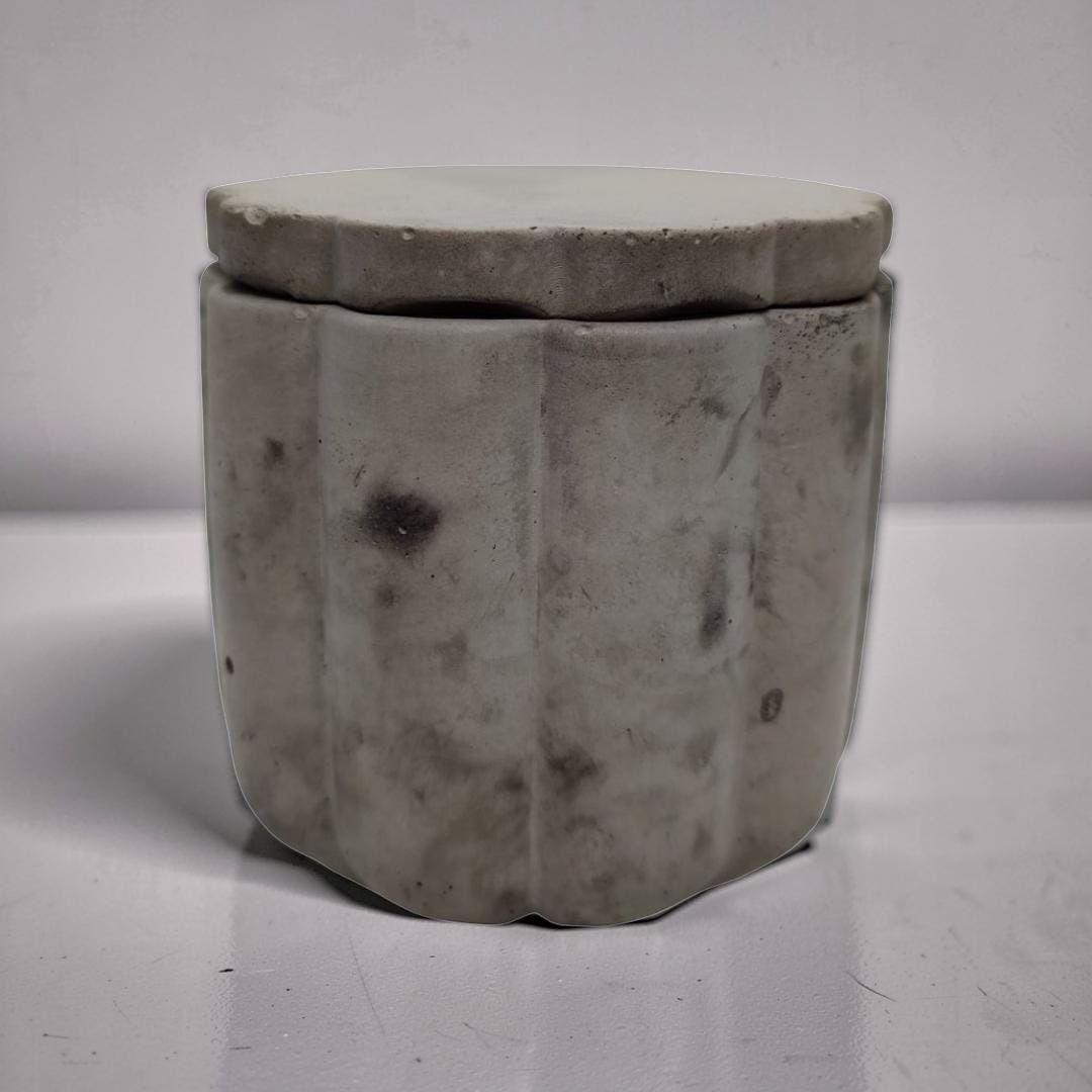 Scalloped Concrete Jar with Lid - Minimalist Bathroom Vanity Organizer - Modern Office Desk Accessories - Marble Jewelry Box - Trinket Dish