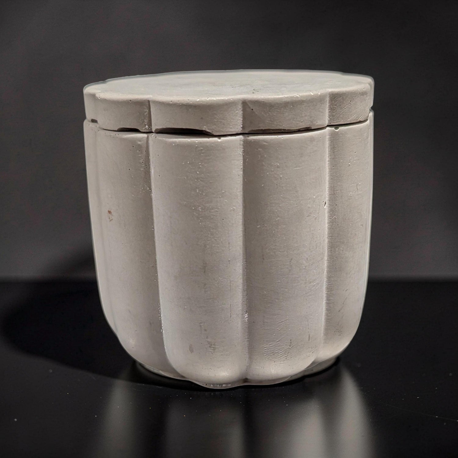 Scalloped Concrete Jar with Lid - Minimalist Bathroom Vanity Organizer - Modern Office Desk Accessories - Marble Jewelry Box - Trinket Dish