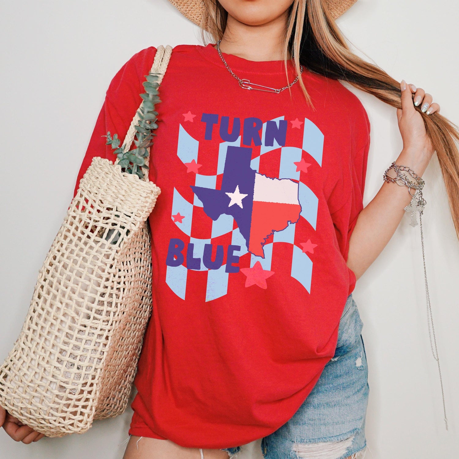 Red t-shirt with Texas map graphic and &amp;quot;TURN BLUE&amp;quot; text.