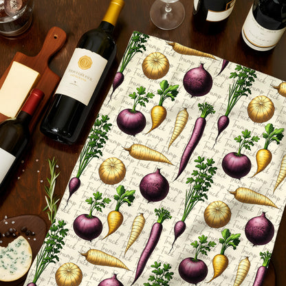 Kitchen towel with repeating pattern of vegetables and &amp;quot;Fuck Trump&amp;quot; text.