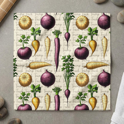 Seamless pattern of vegetables on a textured background with repeating text.