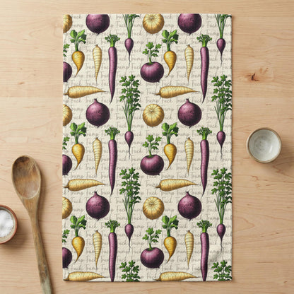 Towel with pattern of beets and onions interspersed with &amp;quot;Trump&amp;quot; text.