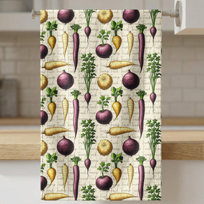 Towel with repeating pattern of carrots, radishes, and onions on text background.