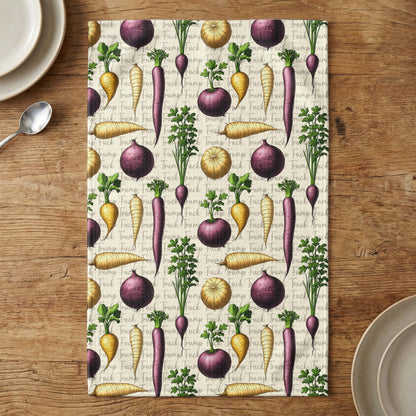 Textile with repeating pattern of root vegetables and repeating &amp;quot;Trump Fuck&amp;quot; text.