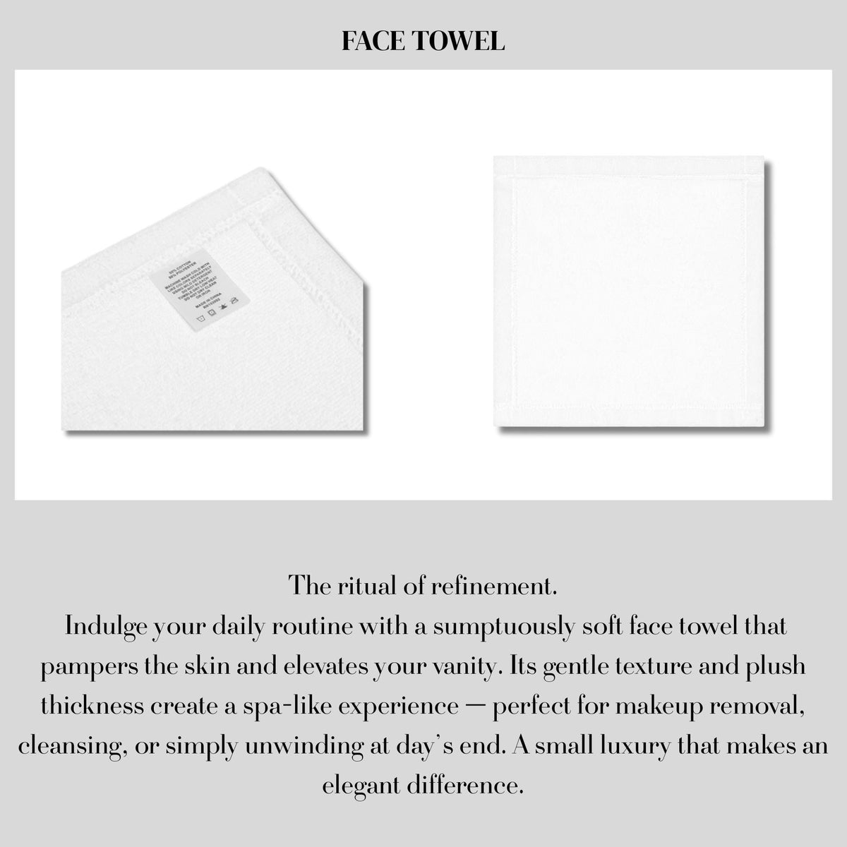 White face towel with care instructions label, shown flat.