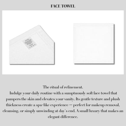 White face towel with care instructions label, shown flat.