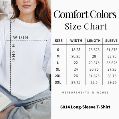 Comfort Colors size chart for 6014 Long-Sleeve T-Shirt, with measurements in inches.