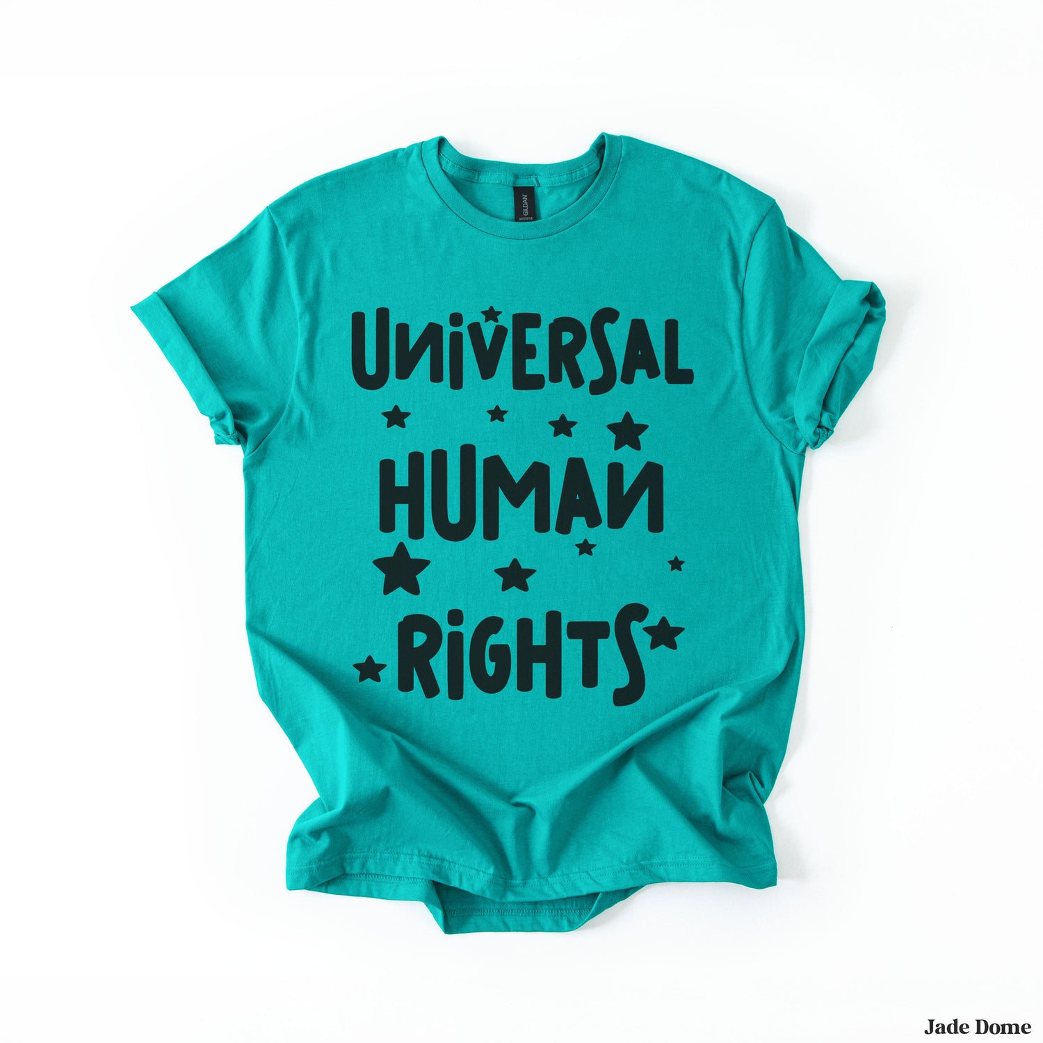 Teal t-shirt with &amp;quot;Universal Human Rights&amp;quot; and star graphic.