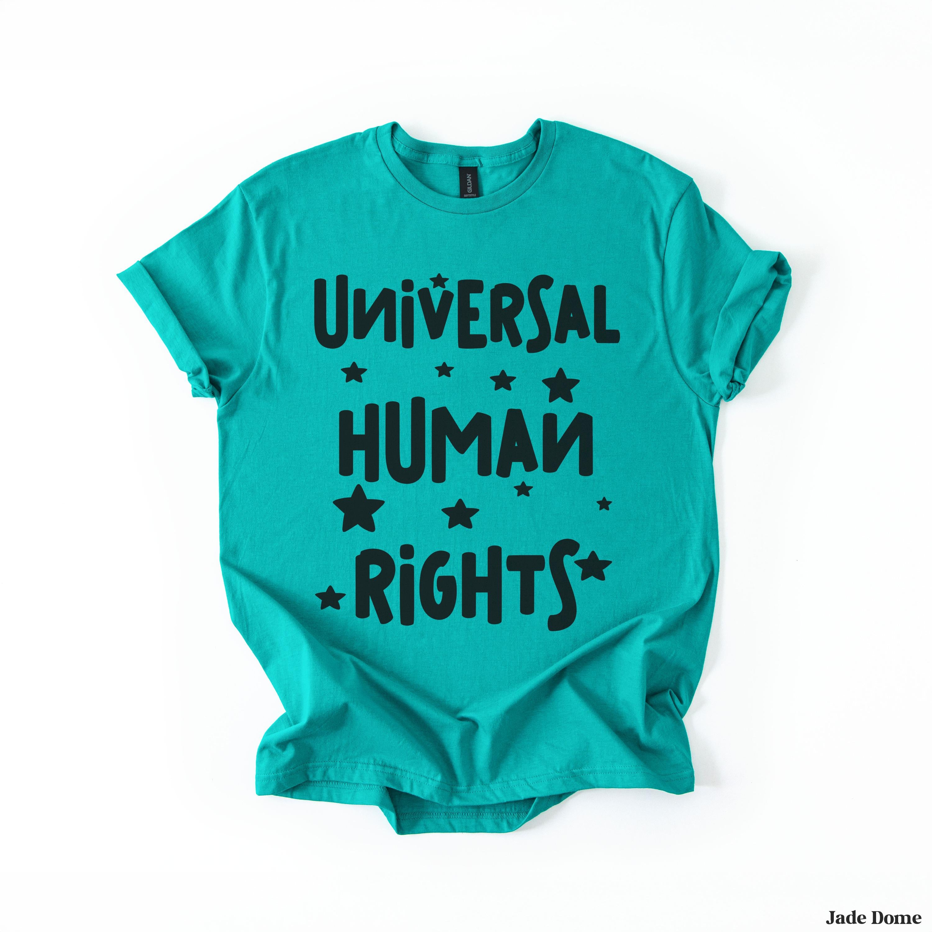 Teal t-shirt with &amp;quot;Universal Human Rights&amp;quot; and star graphic.