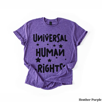 Purple t-shirt with &amp;quot;Universal Human Rights&amp;quot; and stars in black lettering.