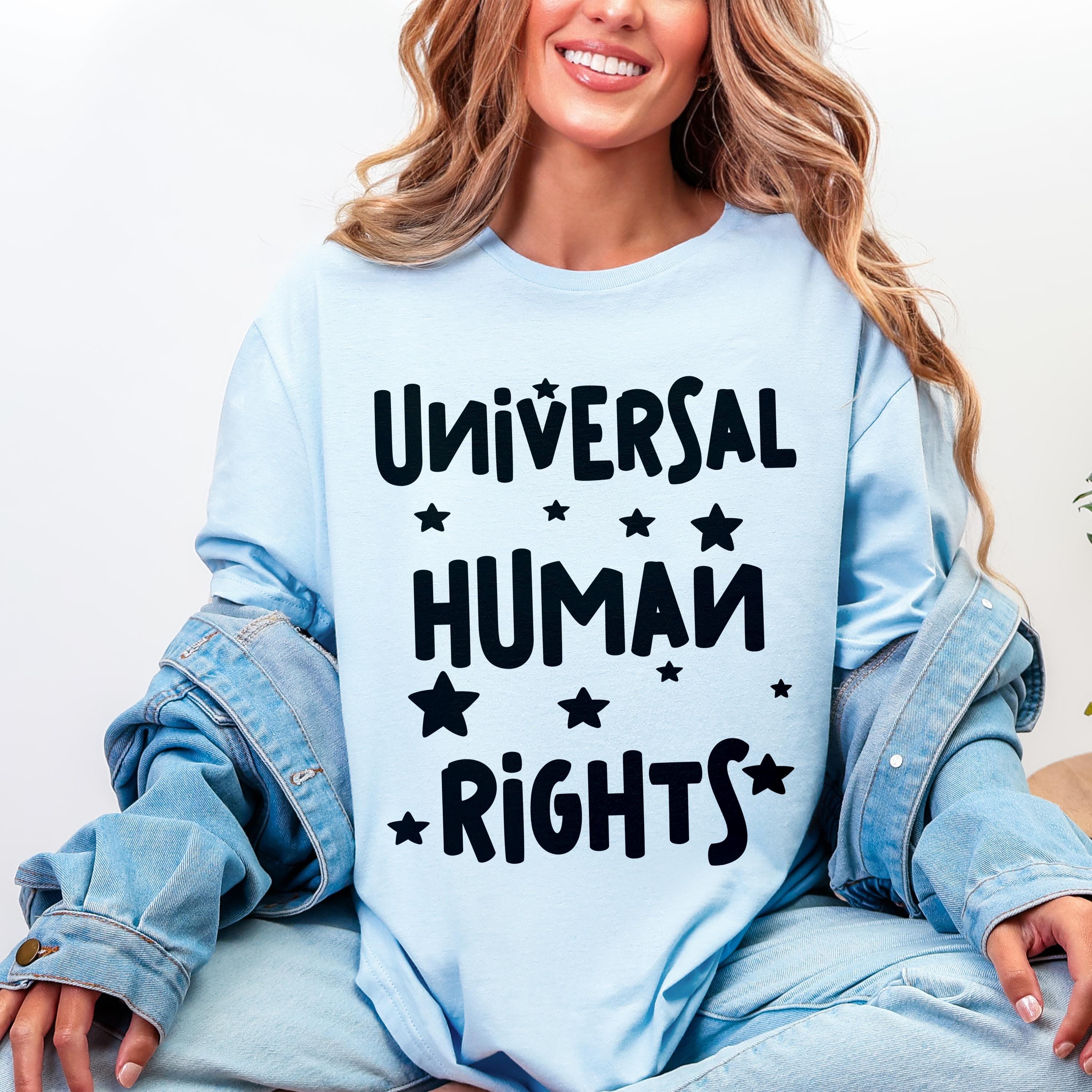 Light blue long-sleeve shirt with &amp;quot;Universal Human Rights&amp;quot; text and stars.