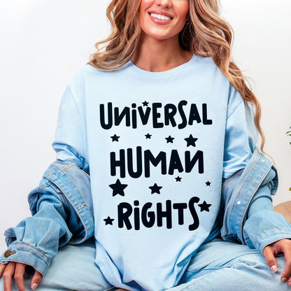 Light blue long-sleeve shirt with &amp;quot;Universal Human Rights&amp;quot; text and stars.