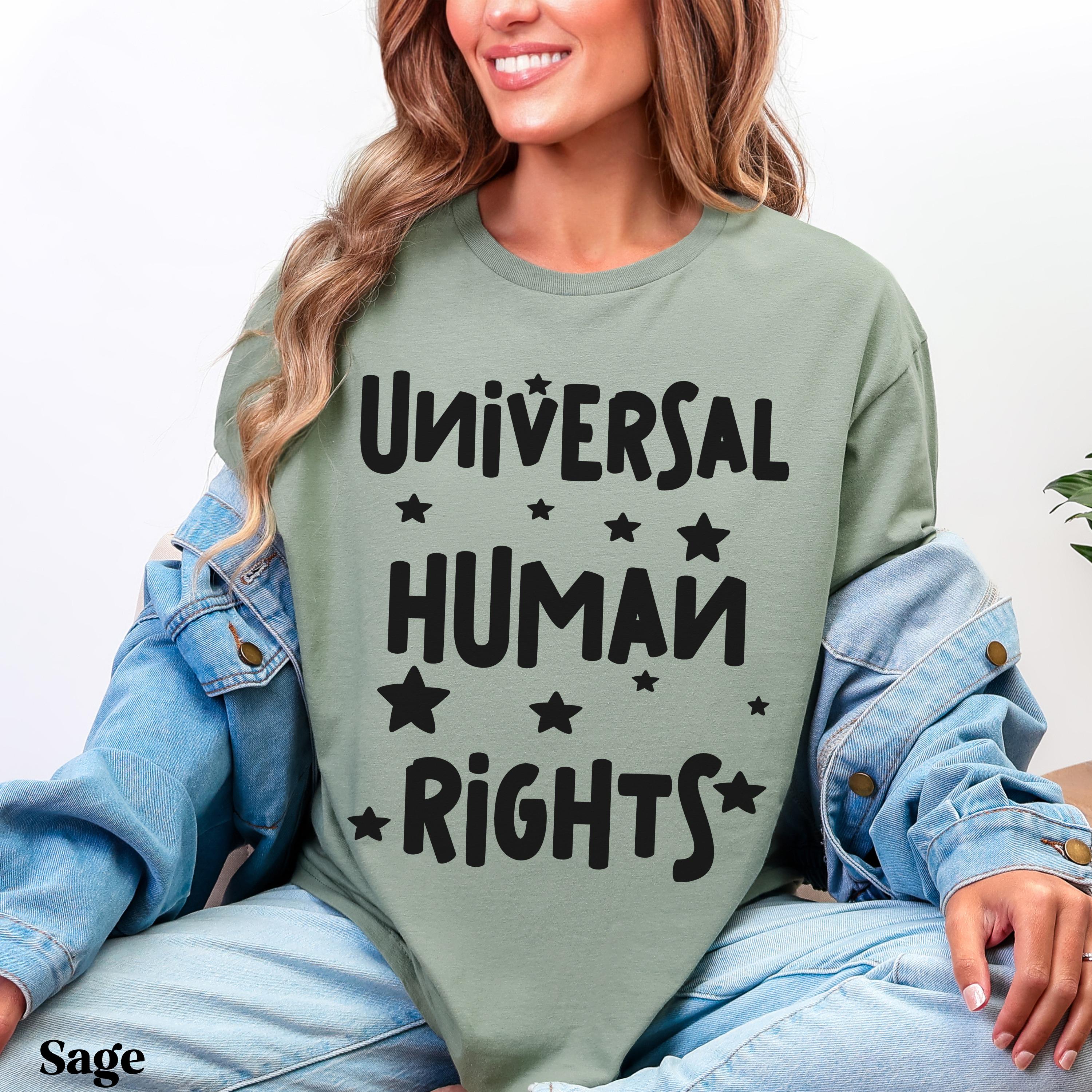 Sage t-shirt with &amp;quot;Universal Human Rights&amp;quot; text and stars.