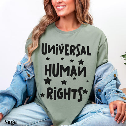 Sage t-shirt with &amp;quot;Universal Human Rights&amp;quot; text and stars.