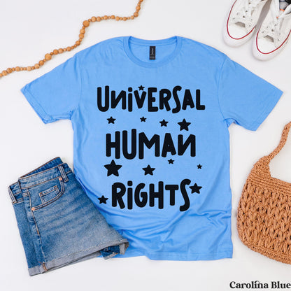 Blue t-shirt with &amp;quot;Universal Human Rights&amp;quot; text and stars.