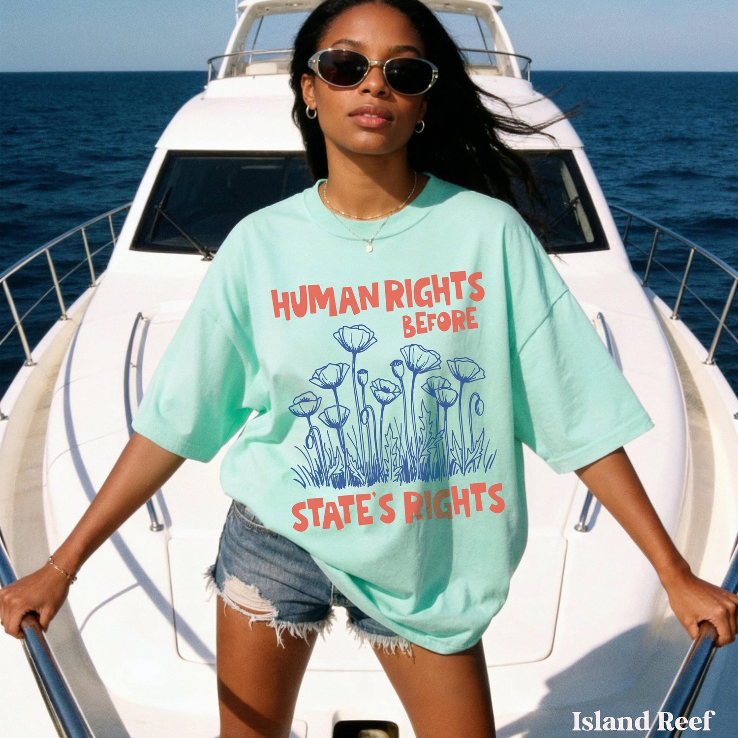 Woman in mint t-shirt with &amp;quot;HUMAN RIGHTS BEFORE STATE&amp;
