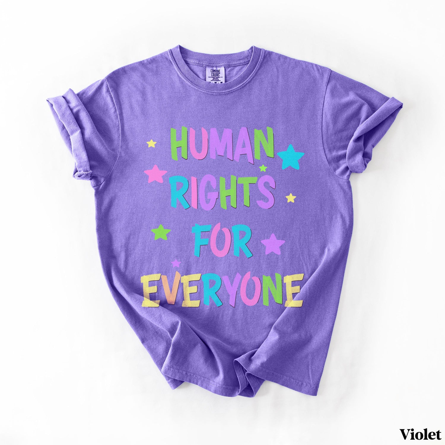 Purple t-shirt with &amp;quot;HUMAN RIGHTS FOR EVERYONE&amp;quot; in colorful block letters.