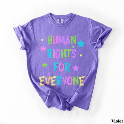 Purple t-shirt with &amp;quot;HUMAN RIGHTS FOR EVERYONE&amp;quot; in colorful block letters.
