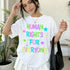 Woman wearing white t-shirt with "Human Rights for Everyone" text.