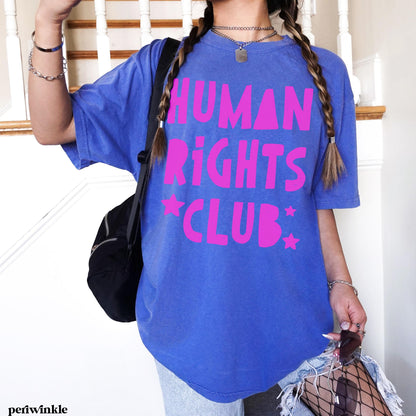 Blue t-shirt with hot pink &amp;quot;HUMAN RIGHTS CLUB&amp;quot; text and stars.