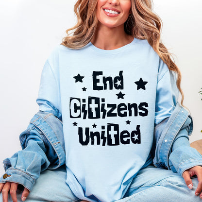 Light blue long-sleeve shirt with black text &amp;quot;End Citizens United&amp;quot; and stars.