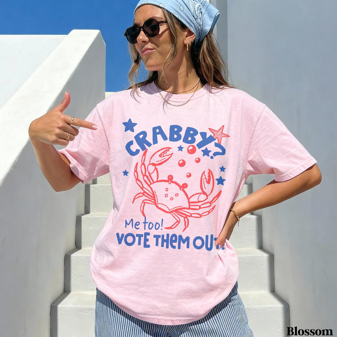 Pink t-shirt with &amp;quot;CRABBY? ME TOO! VOTE THEM OUT!&amp;quot; and crab graphic.