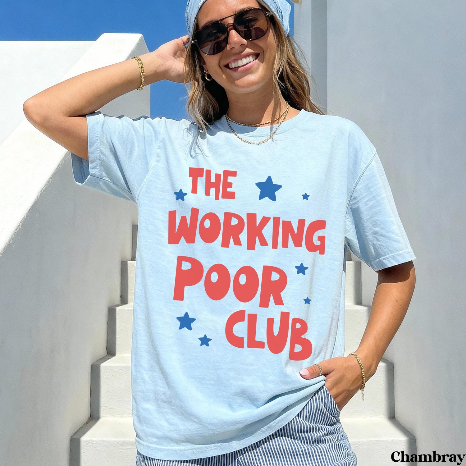 Light blue t-shirt with &amp;quot;The Working Poor Club&amp;quot; and red stars.