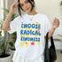 Woman wearing white t-shirt with "CHOOSE RADICAL KINDNESS" text and red stars.