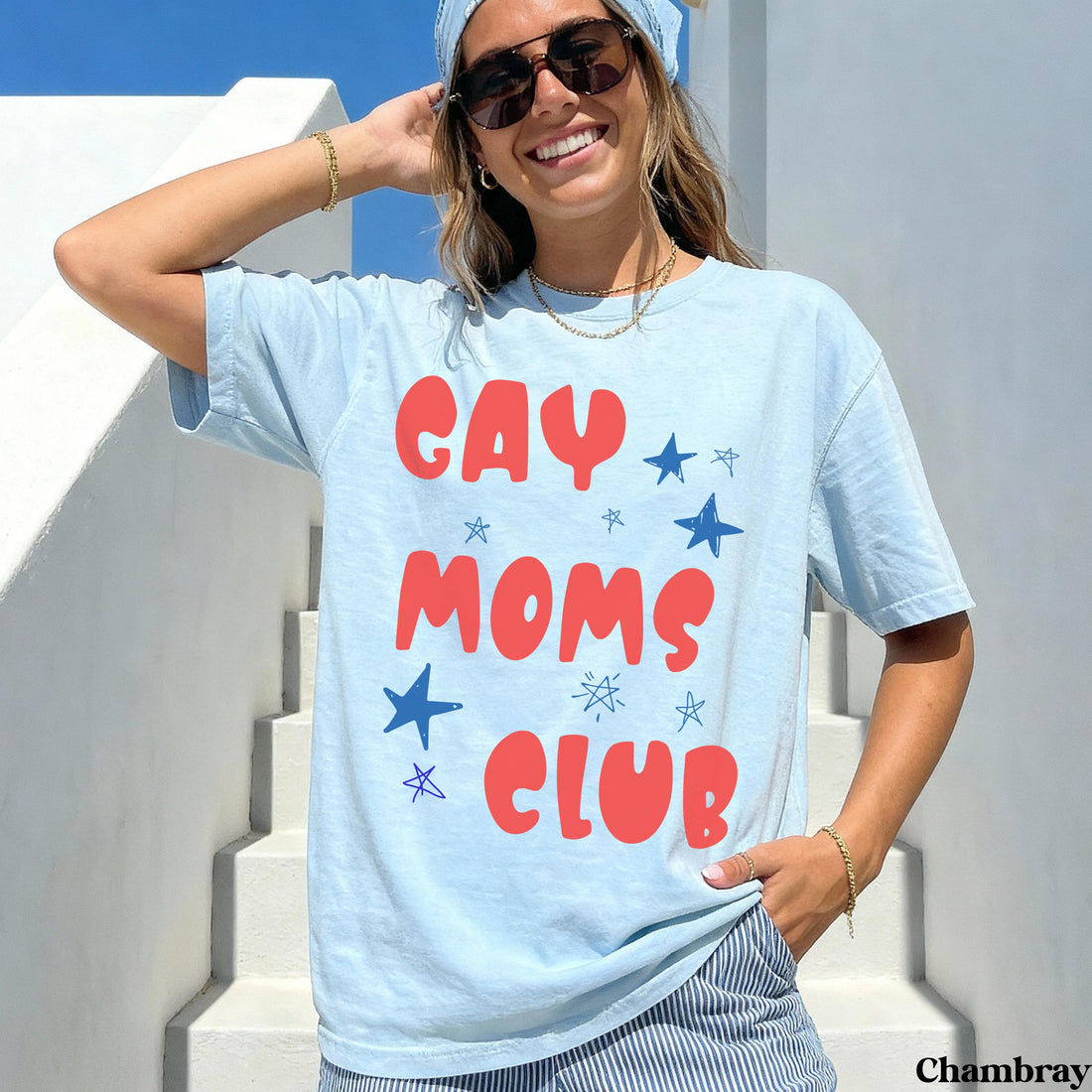 Light blue t-shirt with red and blue &amp;quot;GAY MOMS CLUB&amp;quot; text and stars.