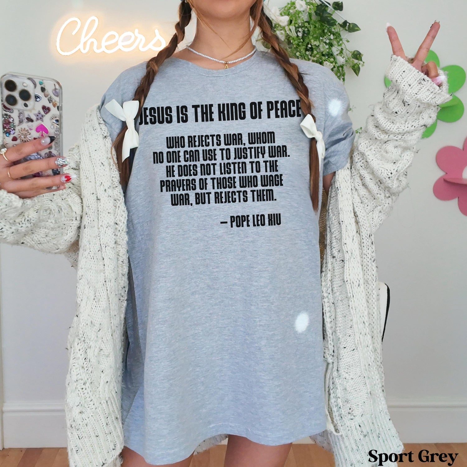 Grey t-shirt with Pope Leo XIII quote about peace and war.