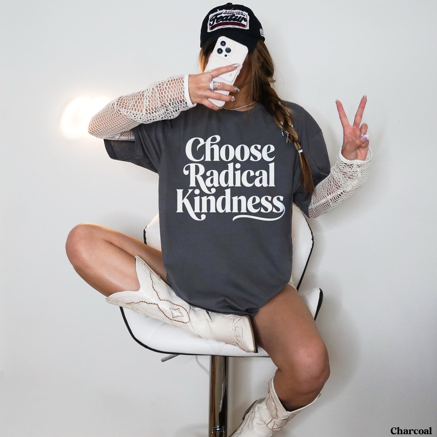 Charcoal t-shirt with &amp;quot;Choose Radical Kindness&amp;quot; text, white cowboy boots.