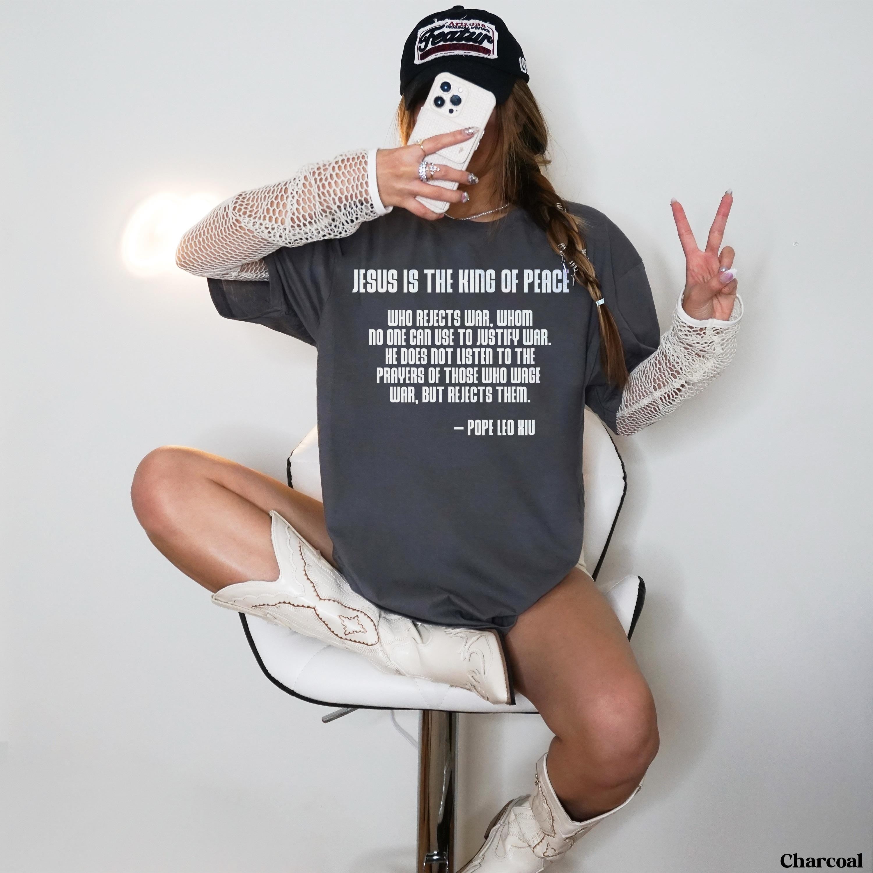 Dark grey t-shirt with Pope Leo XIII quote about peace.