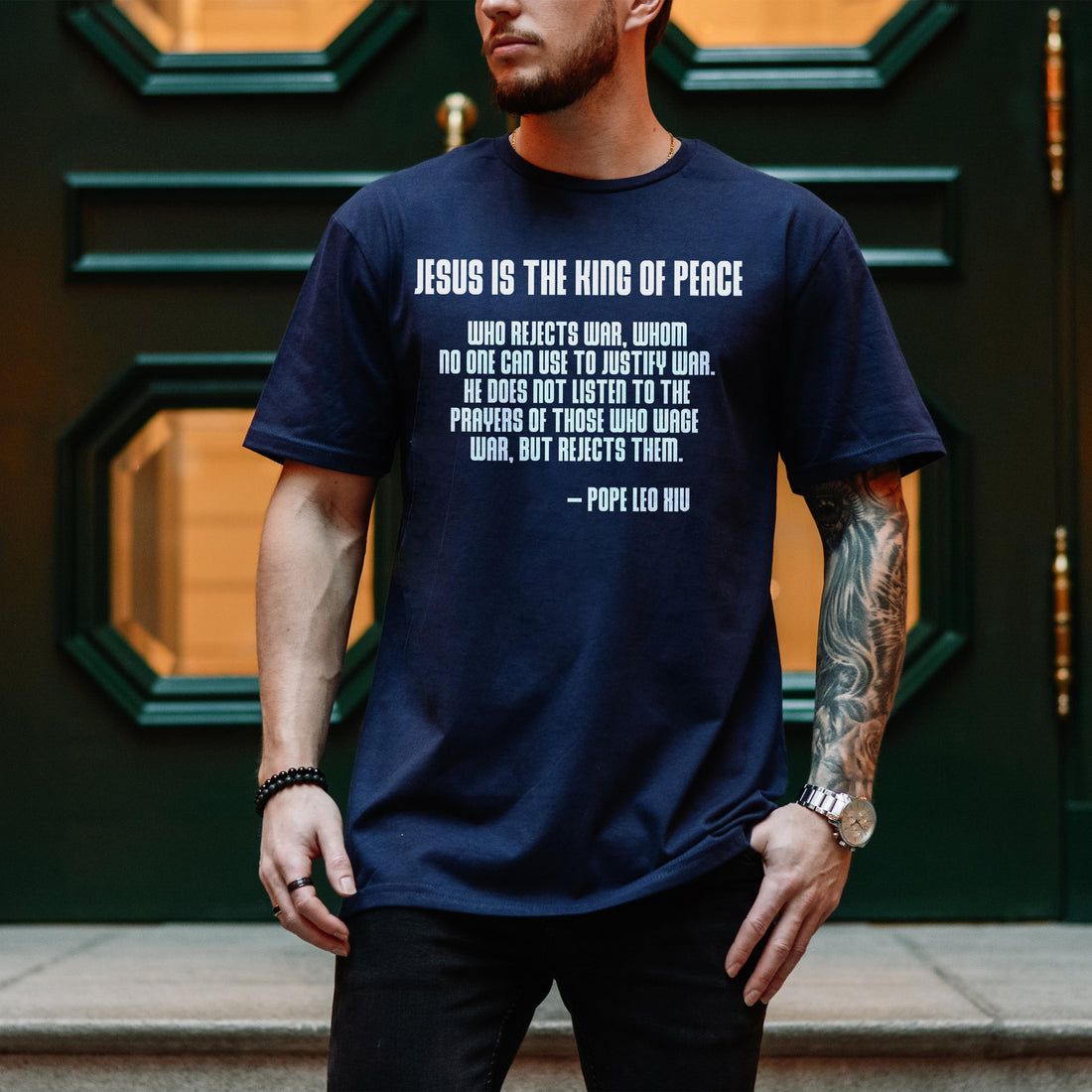 Navy t-shirt with Pope Leo XIII quote about peace.