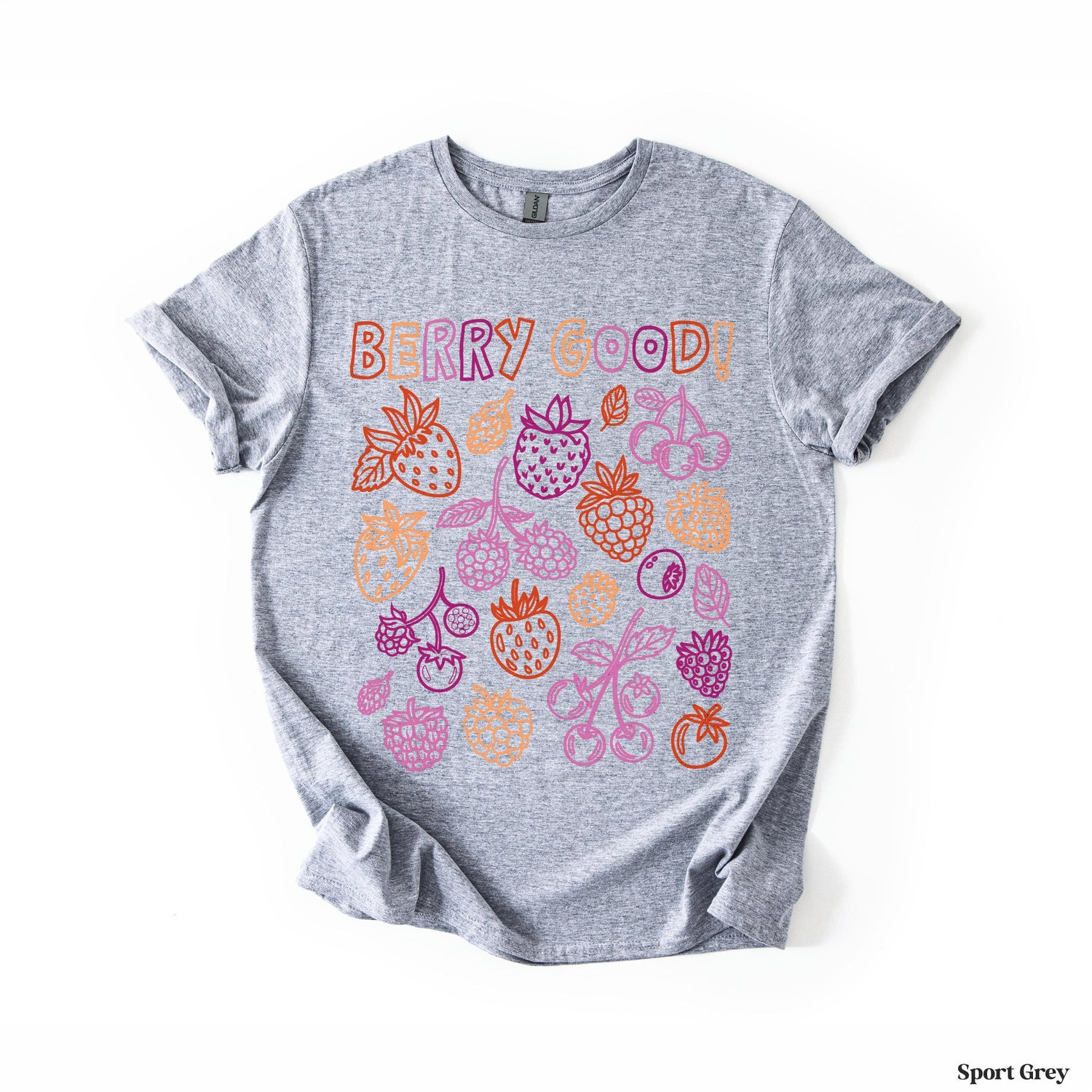 Grey t-shirt with colorful berry illustrations and &amp;quot;Berry Good!&amp;quot; text.